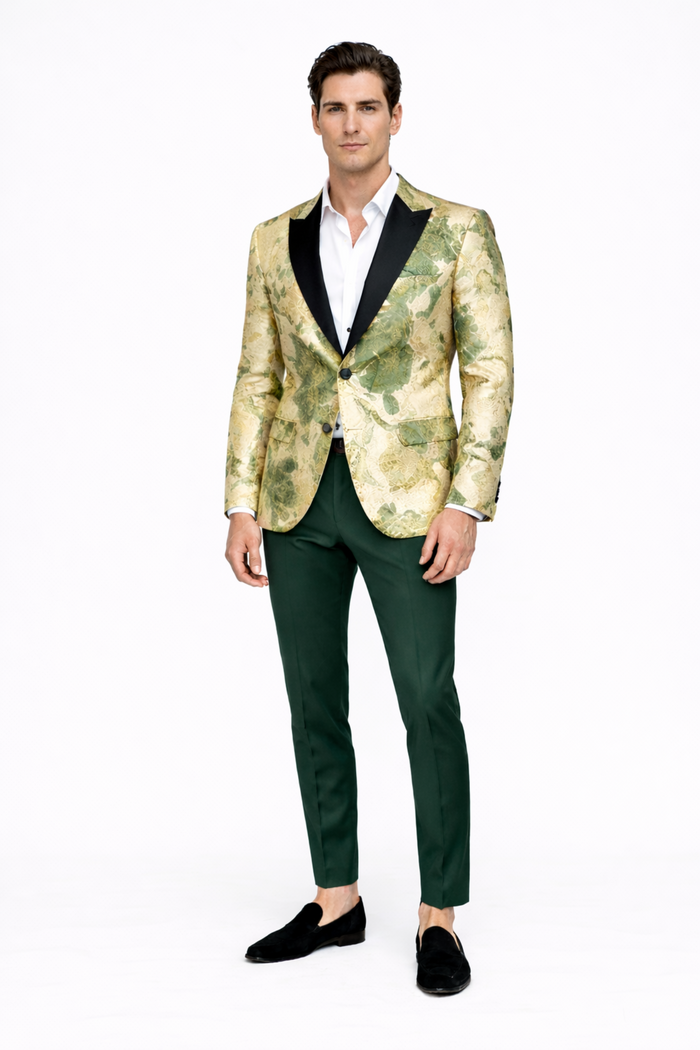 Mens Ivory Green and Gold Floral Embroidered Tuxedo Jacket with Satin Lapel