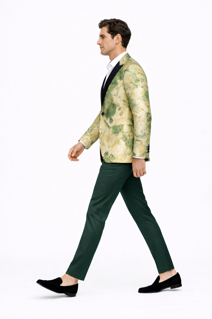 Mens Ivory Green and Gold Floral Embroidered Tuxedo Jacket with Satin Lapel