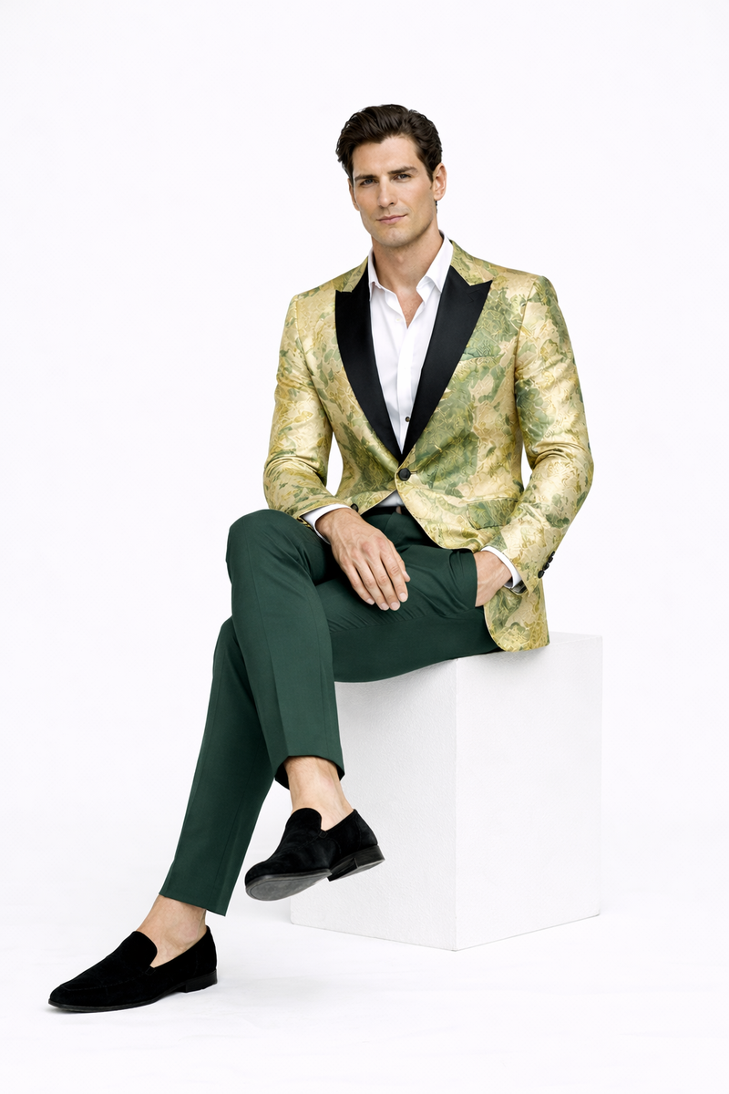 Mens Ivory Green and Gold Floral Embroidered Tuxedo Jacket with Satin Lapel