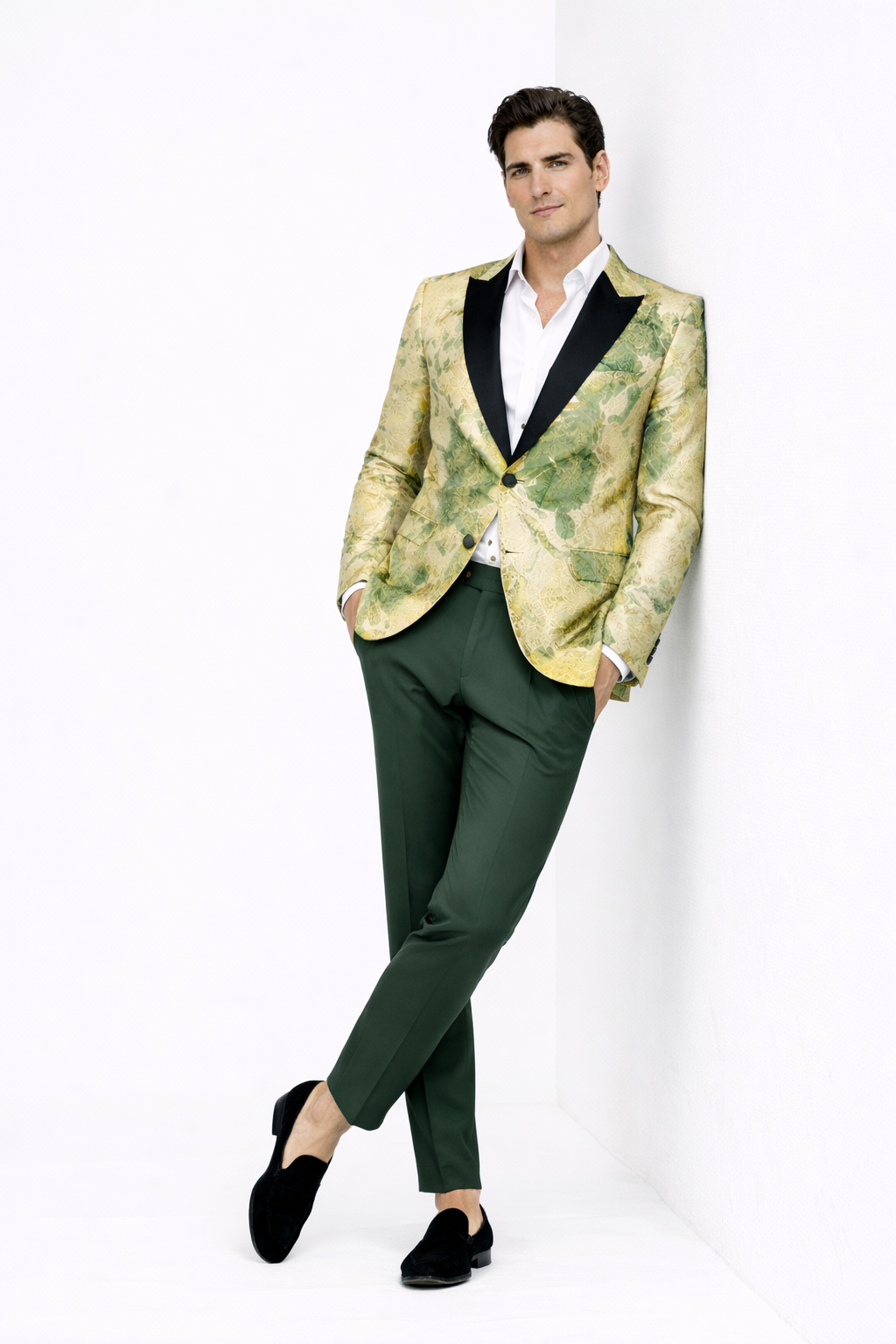 Men’s Ivory Green and Gold Floral Embroidered Tuxedo Jacket with Satin Lapel