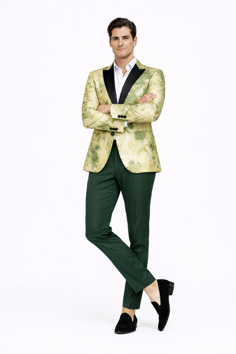 Mens Ivory Green and Gold Floral Embroidered Tuxedo Jacket with Satin Lapel