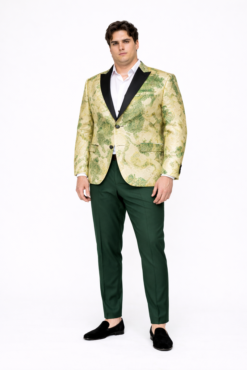 Mens Ivory Green and Gold Floral Embroidered Tuxedo Jacket with Satin Lapel
