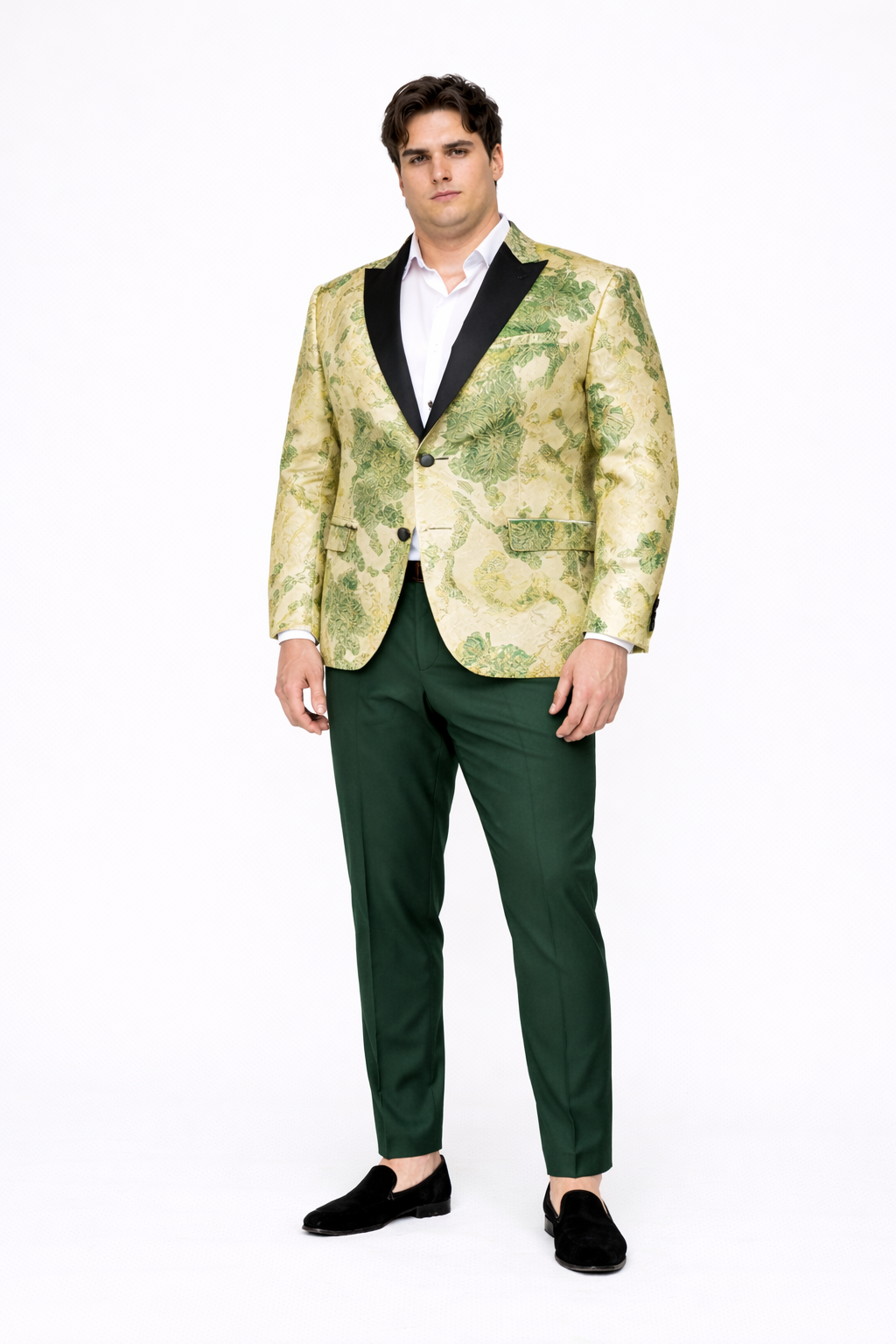 Men’s Ivory Green and Gold Floral Embroidered Tuxedo Jacket with Satin Lapel