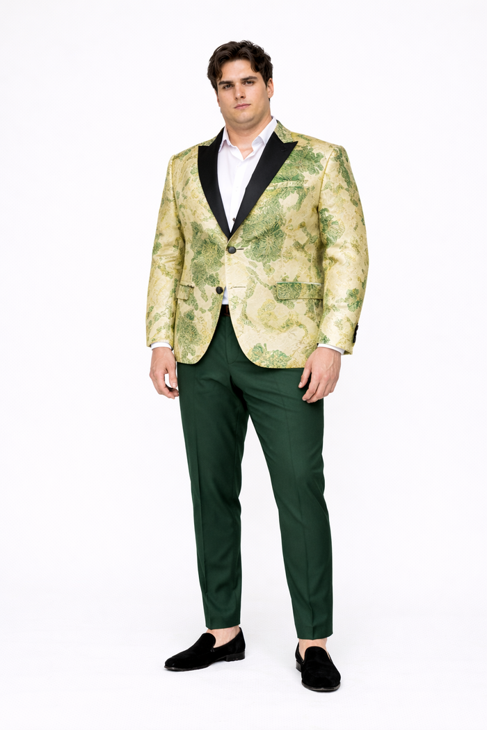 Mens Ivory Green and Gold Floral Embroidered Tuxedo Jacket with Satin Lapel