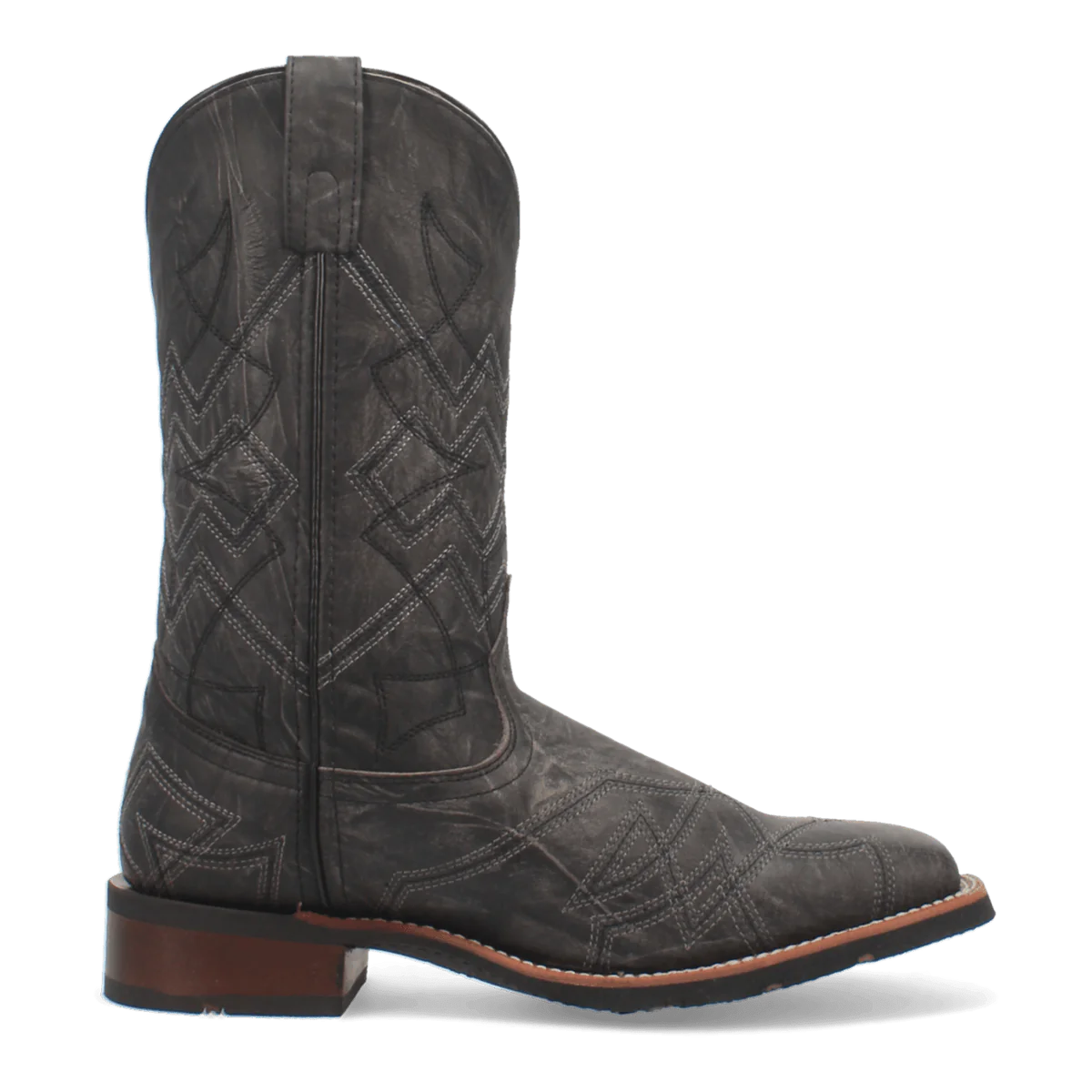 Laredo Axel Black Boot: Tall shaft, pointed toe, decorative stitching, and textured black finish. Stacked heel and pull tab for easy wear.
