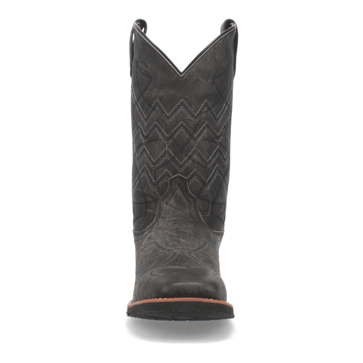 Laredo Axel black boot: Distressed black leather with a high shaft, pointed top, and zigzag stitching. Features a contrasting rubber sole.
