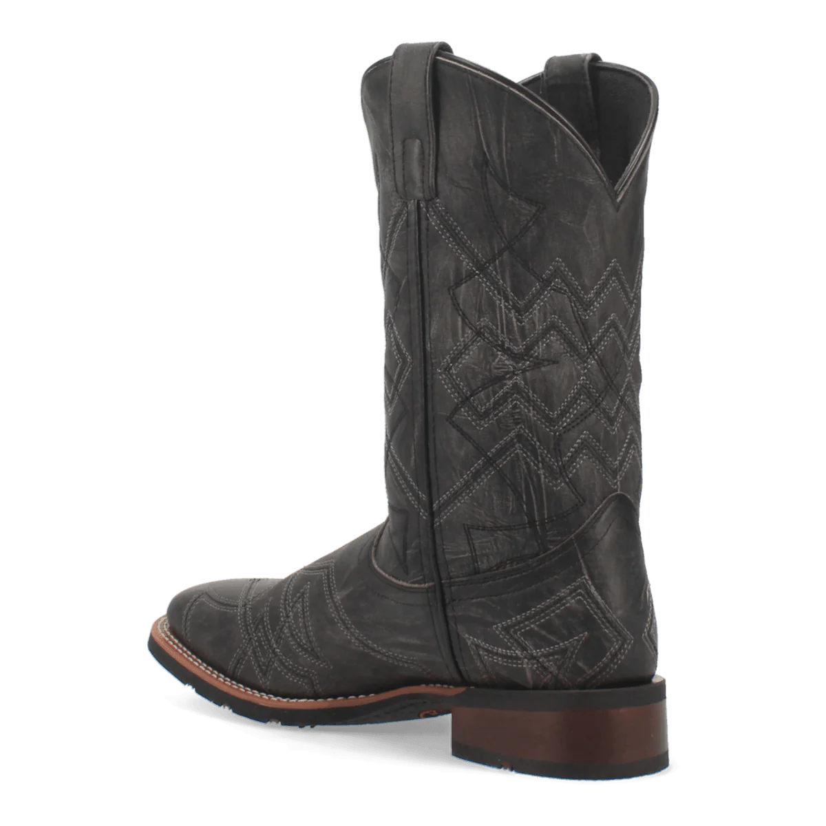 Laredo Axel Black Boot: Tall, curved shaft, broad square toe. Black leather with textured finish. Embossed geometric patterns. Stacked heel. Sturdy design.
