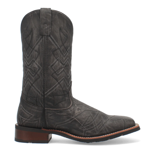 Men's Laredo Axel boot. Black leather, tall shaft, rounded toe. Diamond & line stitching pattern. Stacked heel. Pull tab for easy wear.
