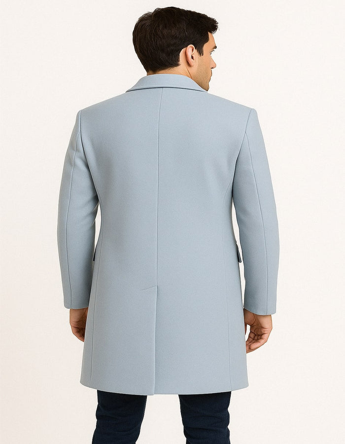 Mens Light Blue Wool Overcoat - Classic Single-Breasted Long Coat - Sky Blue Carcoat Wool Fabric