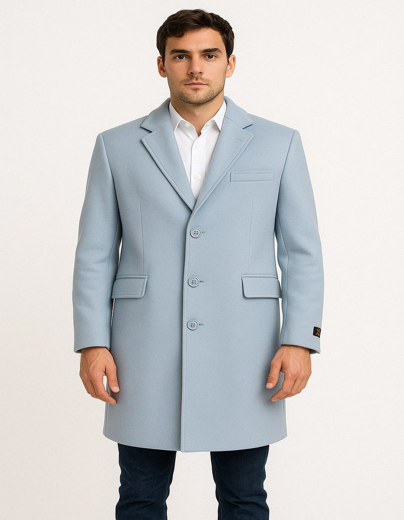 Mens Light Blue Wool Overcoat - Classic Single-Breasted Long Coat - Sky Blue Carcoat Wool Fabric
