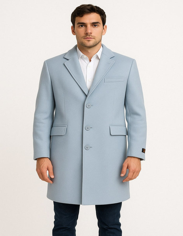 Mens Light Blue Wool Overcoat - Classic Single-Breasted Long Coat - Sky Blue Carcoat Wool Fabric