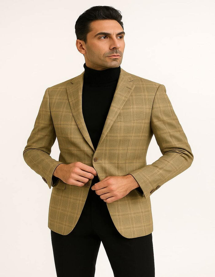 Men's Light Brown Plaid Sport Coat â€“ Classic Check Blazer for Business and Casual Wear in Tan Windowpane Taupe Color