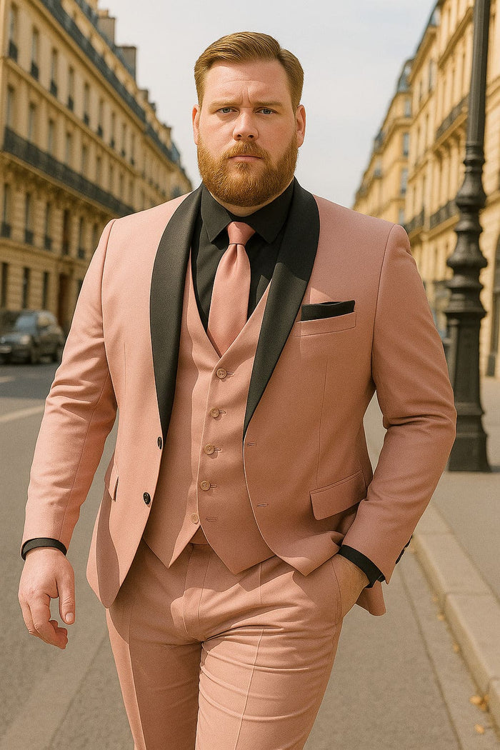 Men's Light Pink 3-Piece Tuxedo Suit with Black Satin Shawl Lapel â€“ Formal Wear - Ultra Slim Fitted in Blush color