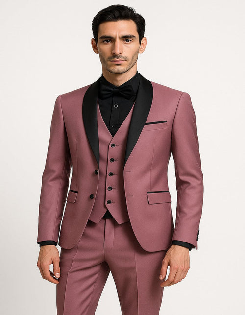 Men's Mauve Pink Tuxedo Suit – 3-Piece Slim Fit with Black Satin Shawl Lapel