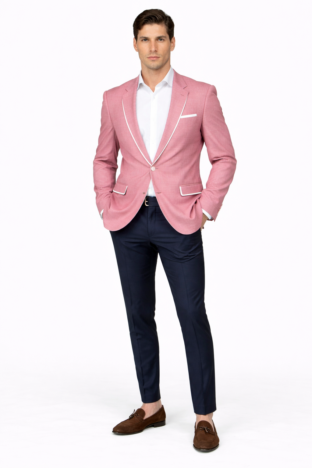 Menâ€™s White Pink Tuxedo One Button Summer Blazer with Trim