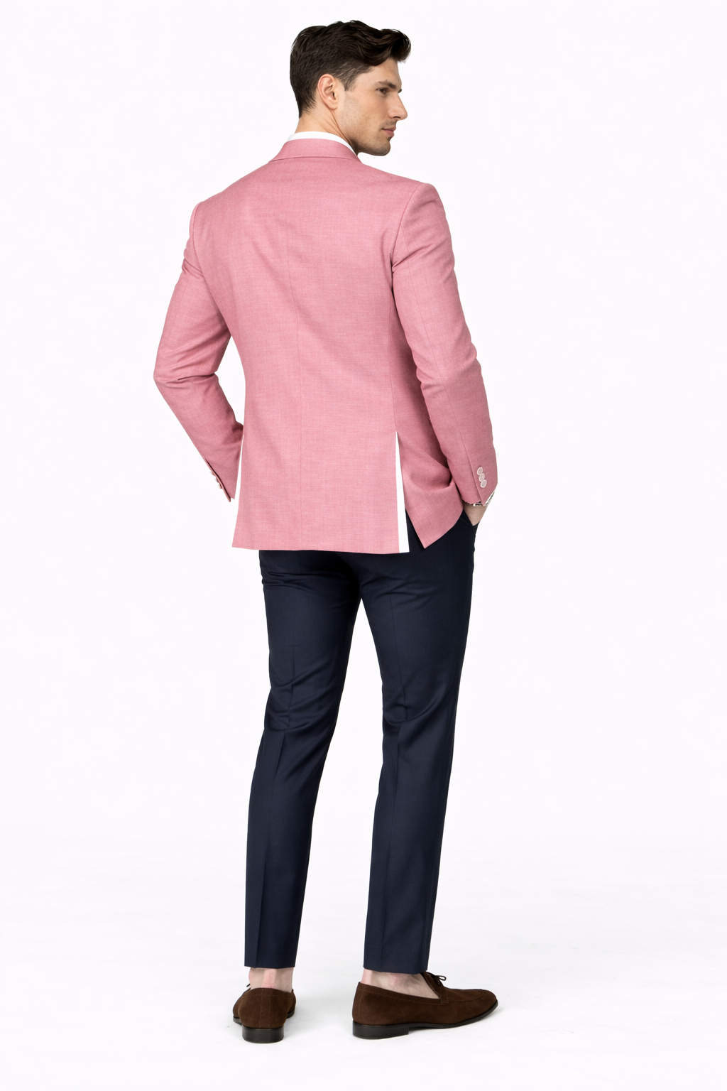 Menâ€™s White Pink Tuxedo One Button Summer Blazer with Trim