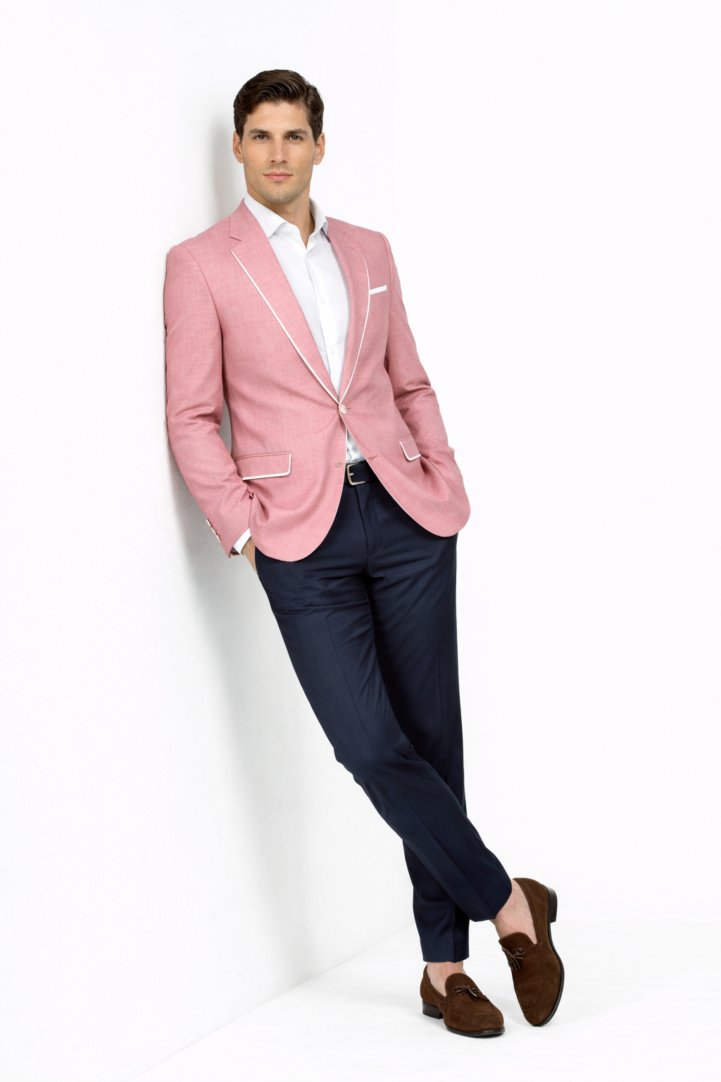 Menâ€™s White Pink Tuxedo One Button Summer Blazer with Trim