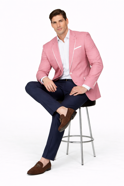 Menâ€™s White Pink Tuxedo One Button Summer Blazer with Trim