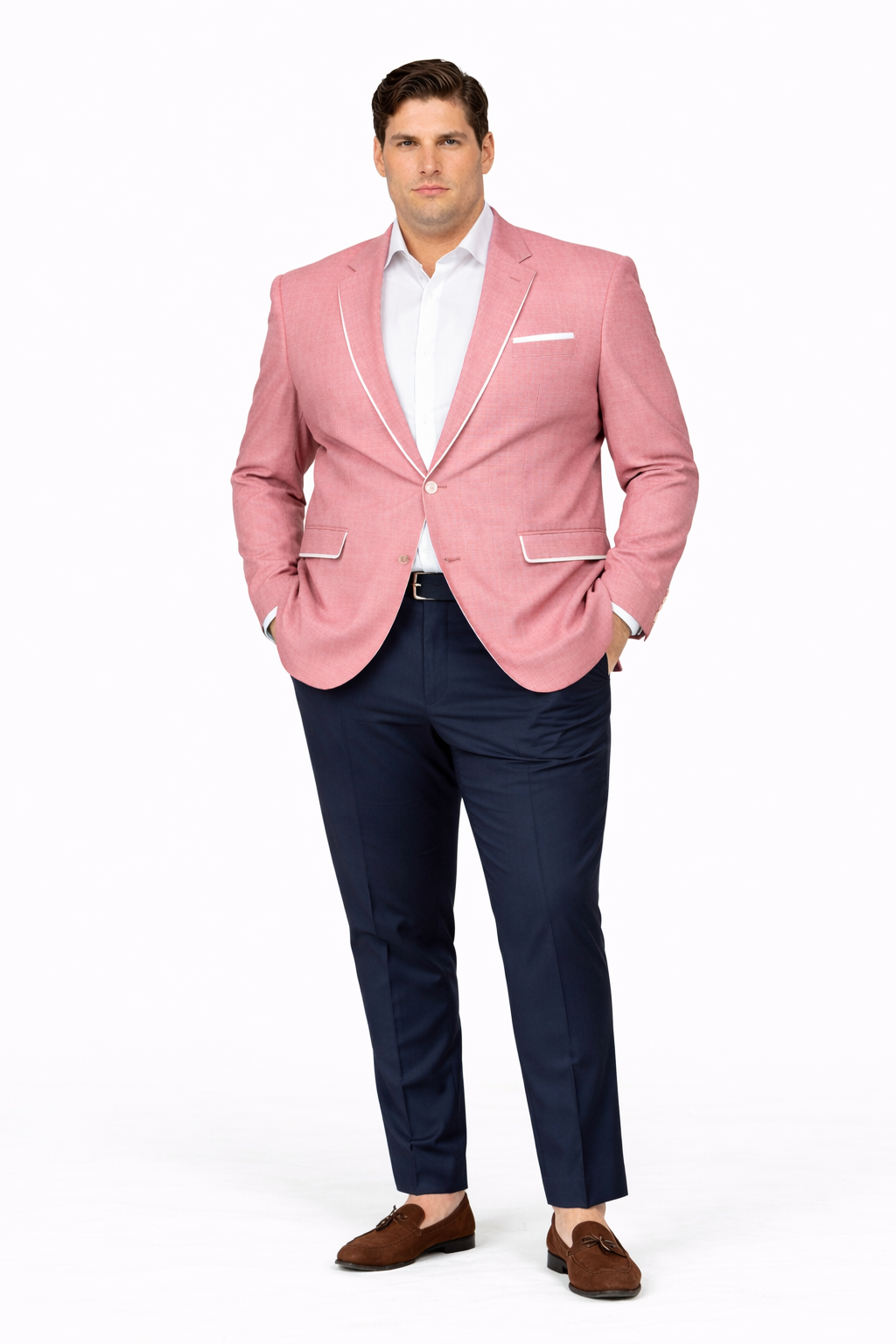 Menâ€™s White Pink Tuxedo One Button Summer Blazer with Trim