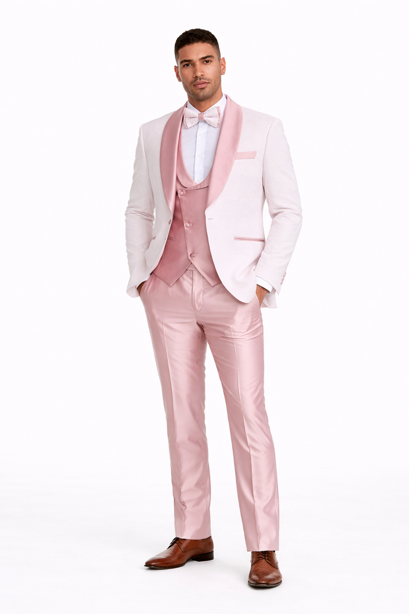 Mens White Pink Paisley Tuxedo-Rose Gold