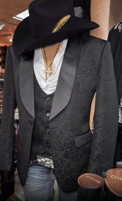 Men’s Black Paisley Jacquard Western Blazer with Satin Shawl Lapel, Formal Designer Sport Coat
