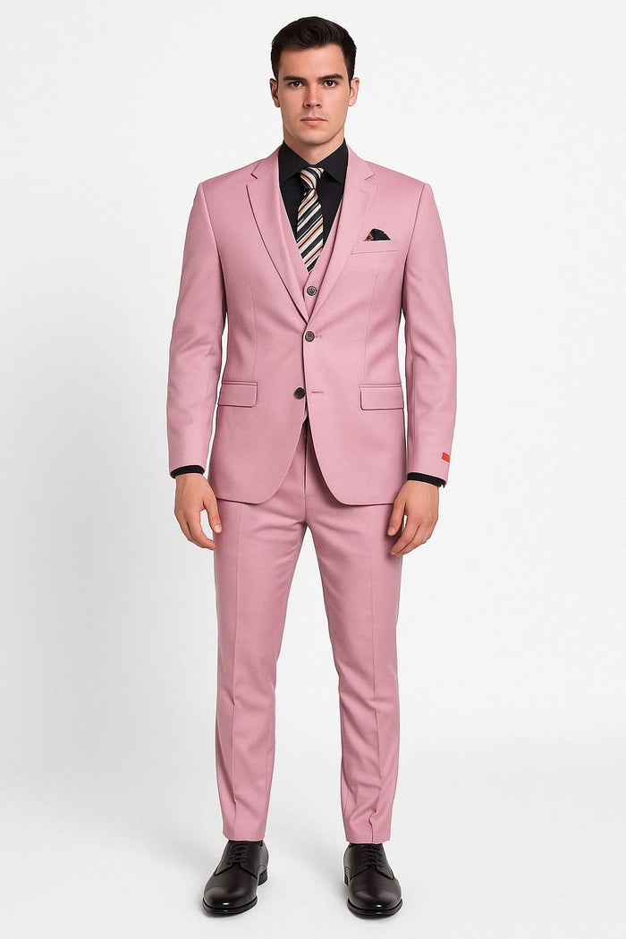 Mens Pink 3-Piece Slim Fit Suit Formal Wedding and Prom Outfit with Vest
