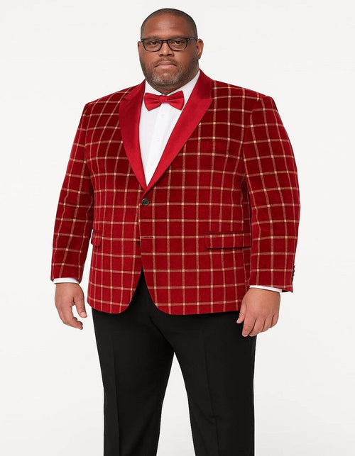 Men's Red Velvet Plaid Blazer with Satin Lapel – Designer Tartan Suit Jacket for Holidays and Events