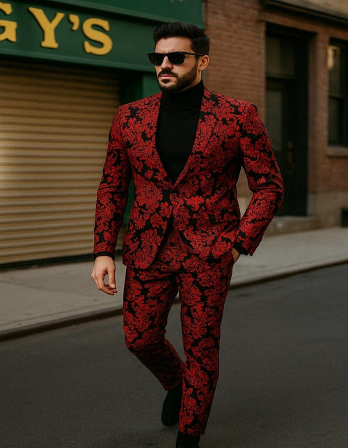 Menâ€™s Red and Black Floral Tuxedo Suit â€“ Slim Fit 2 Piece Embroidered Outfit for Weddings, Prom, and Formal Events