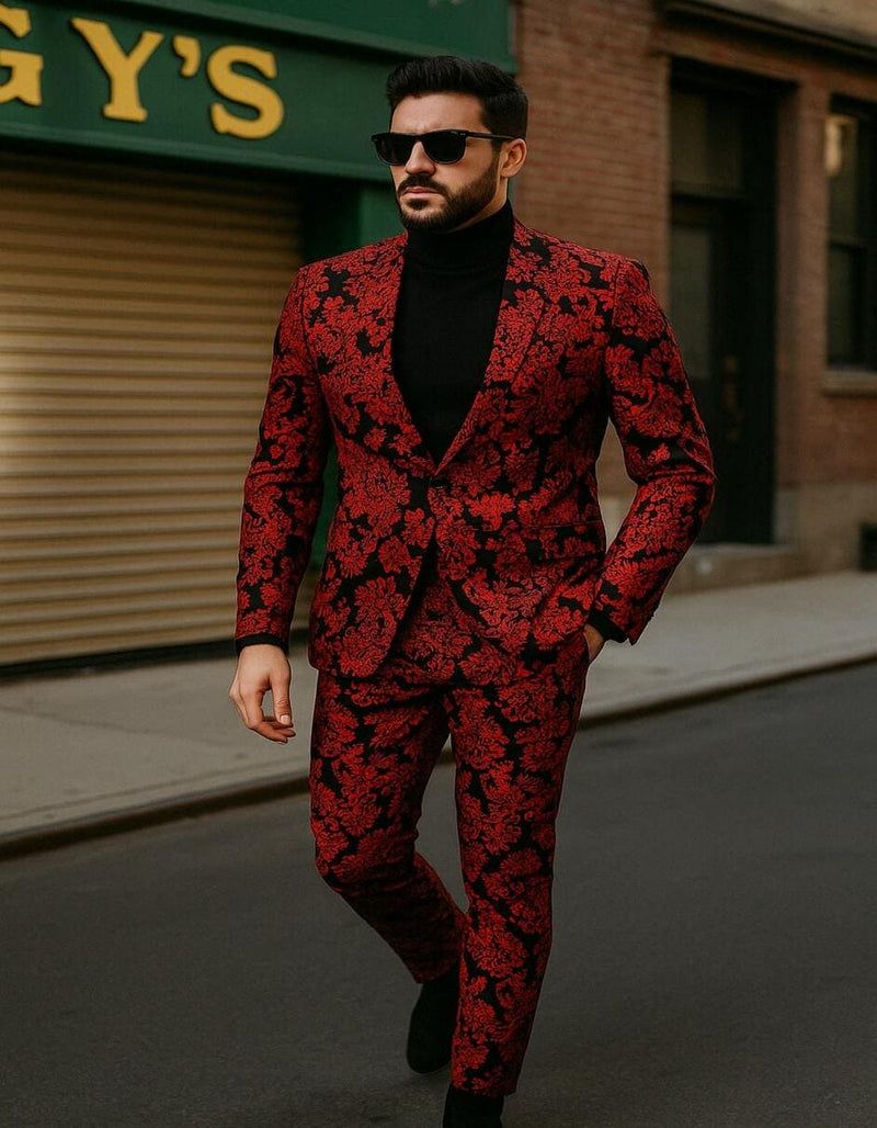 Mens Red and Black Floral Tuxedo Suit - Slim Fit 2 Piece Embroidered Outfit for Weddings, Prom, and Formal Events