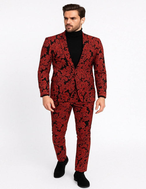 Menâ€™s Red and Black Floral Tuxedo Suit â€“ Slim Fit 2 Piece Embroidered Outfit for Weddings, Prom, and Formal Events