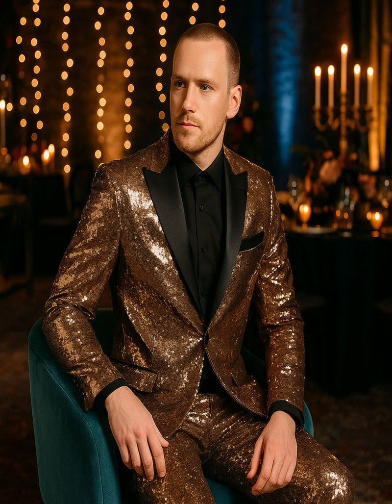 Men's Rose Gold Sequin Tuxedo Suit with Black Satin Lapel â€“ Luxury Slim Fit Blazer for Parties and Events