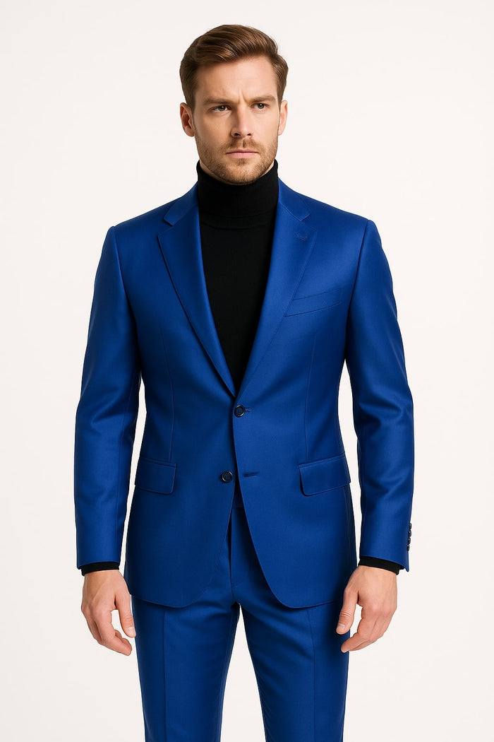 Men’s Royal Blue Shiny Satin Suit – 2-Piece Slim Fit with Peak Lapel