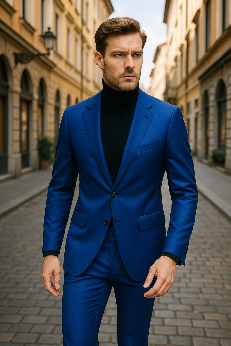 Men’s Royal Blue Shiny Satin Suit – 2-Piece Slim Fit with Peak Lapel
