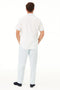 Sky blue men's two-piece set: solid short-sleeve shirt with a collar, paired with vertically striped light blue & white pants. Casual, lightweight look.
