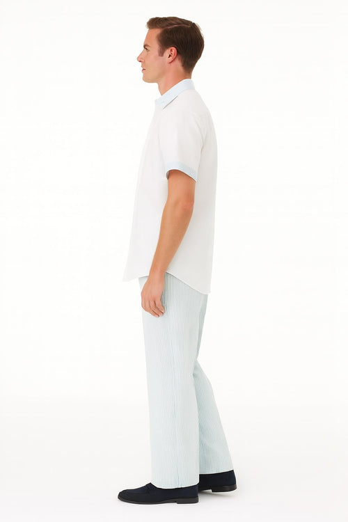 Men's sky blue two-piece set: short-sleeve shirt & pants. Shirt: white body, sky blue collar/cuffs. Pants: light sky blue striping.
