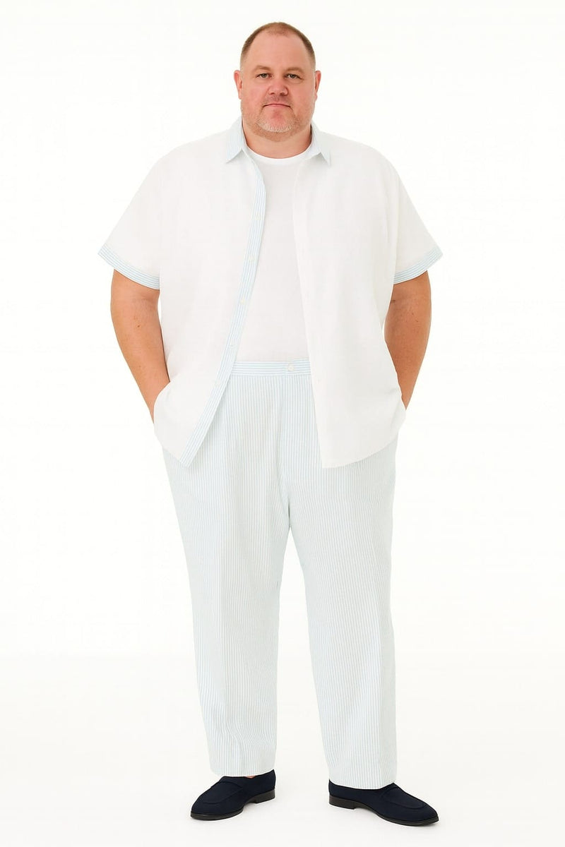 Sky blue men's two-piece set: solid short-sleeve shirt with a button front and casual collar, plus light blue and white striped pants. Relaxed fit, breathable, perfect for summer.
