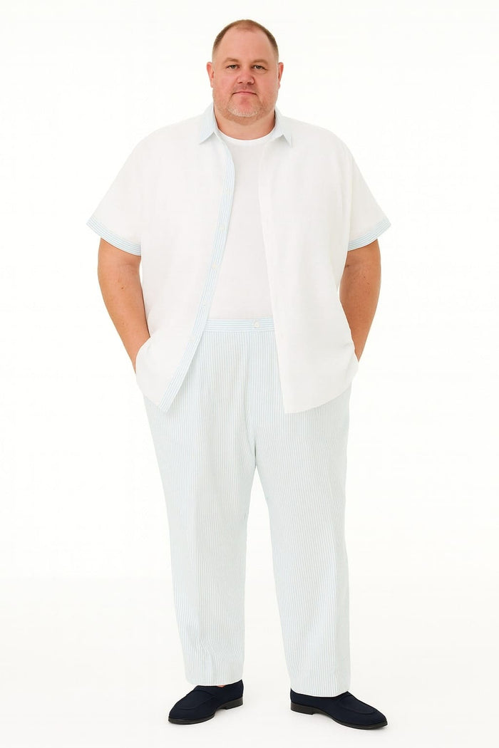 Sky blue men's two-piece set: solid short-sleeve shirt with a button front and casual collar, plus light blue and white striped pants. Relaxed fit, breathable, perfect for summer.
