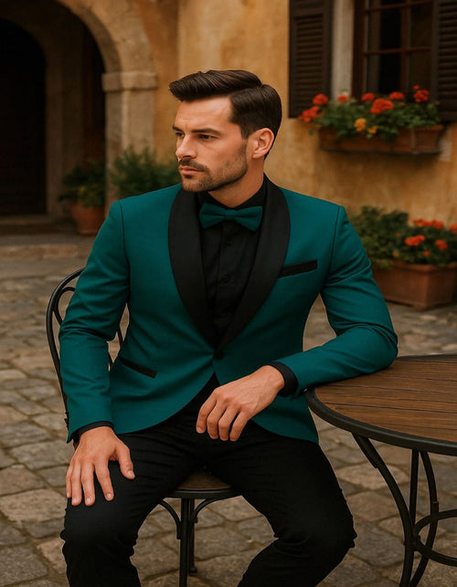 Men's Teal Blue Velvet Tuxedo with Black Satin Lapel and Bow Tie + Black Pants
