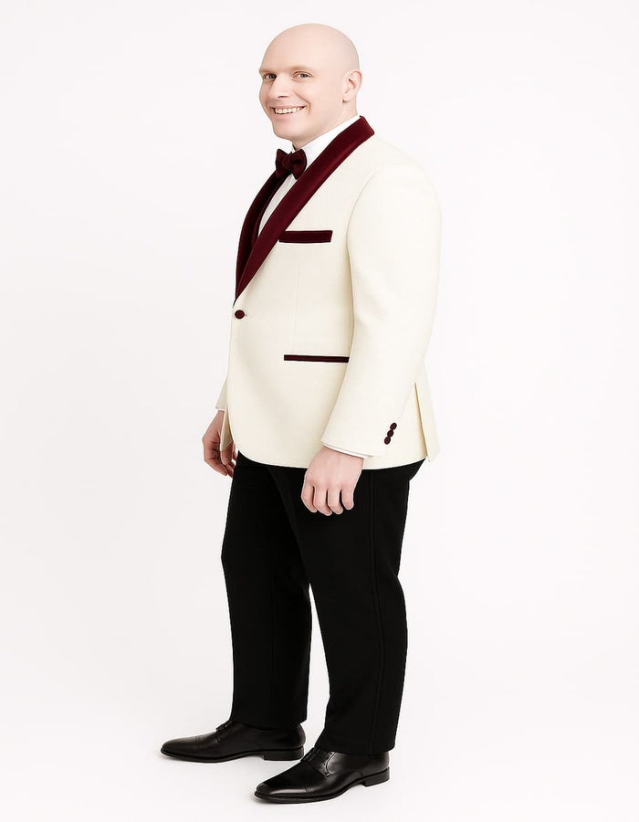 Mens White Floral Tuxedo Jacket with Burgundy Velvet Shawl Lapel - Wedding, Prom, and Formal Event Suit