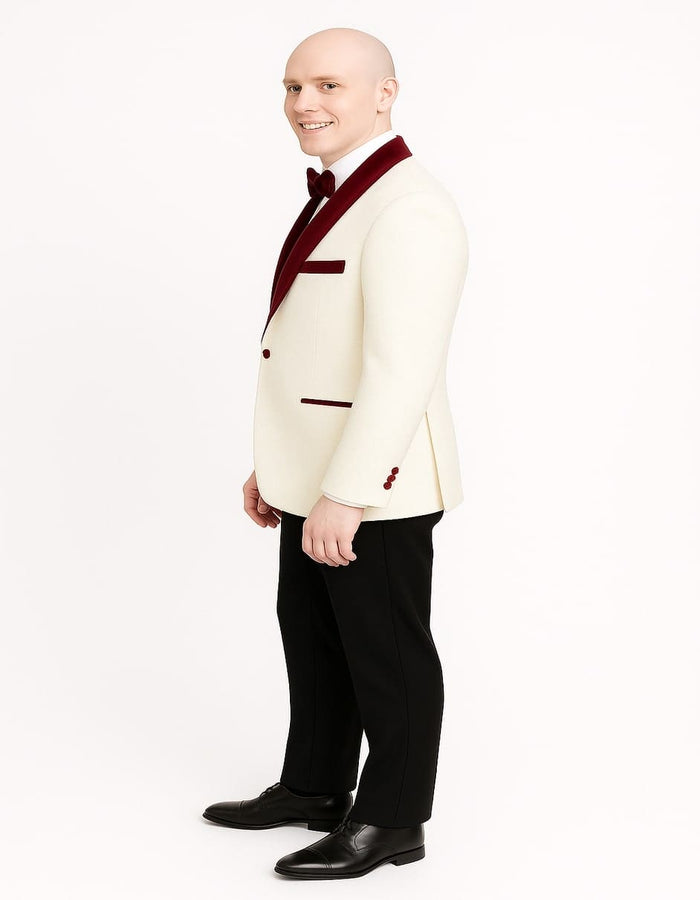 Mens White Floral Tuxedo Jacket with Burgundy Velvet Shawl Lapel - Wedding, Prom, and Formal Event Suit