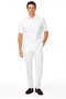 White men's matching set: short-sleeve shirt with lace neckline & structured collar, paired with tailored pants. Lightweight, crisp white fabric for a clean, fitted look.
