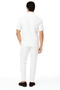 Men's casual summer outfit: white, short-sleeve lace-up shirt & tailored pants. Lightweight, breathable fabric. Relaxed fit shirt, tapered pants. Solid white color. Perfect for warm weather.
