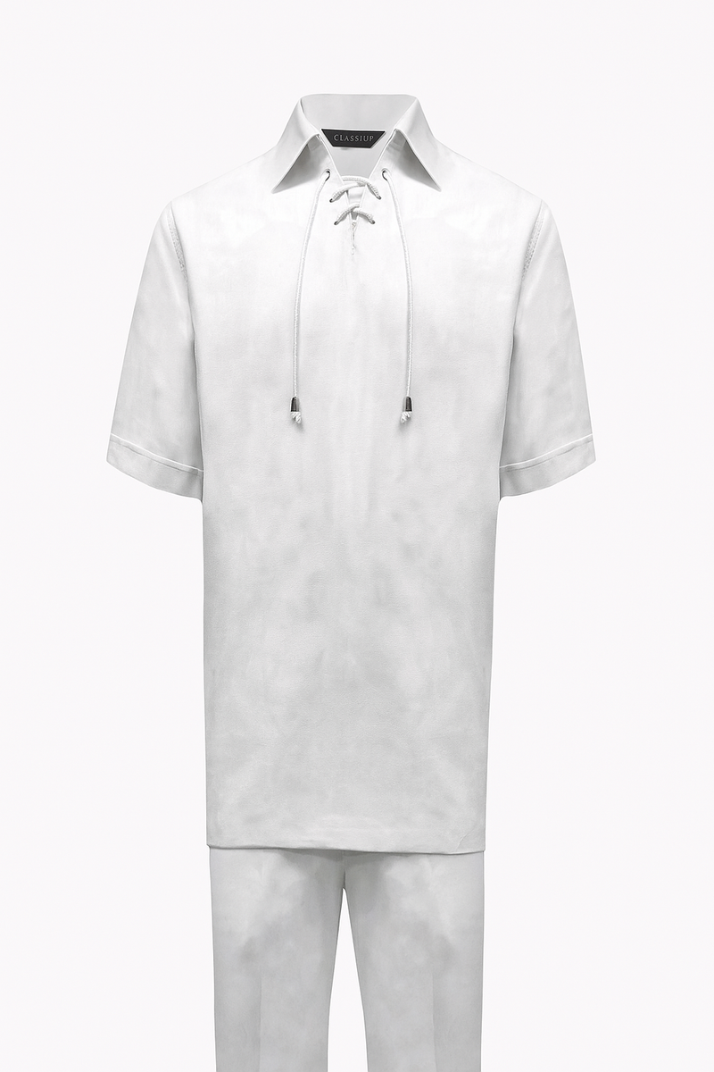 Men's casual two-piece outfit: white, short-sleeved lace-up shirt with collar and matching straight-leg pants. Smooth, lightweight fabric, ideal for summer. Uniform white color.
