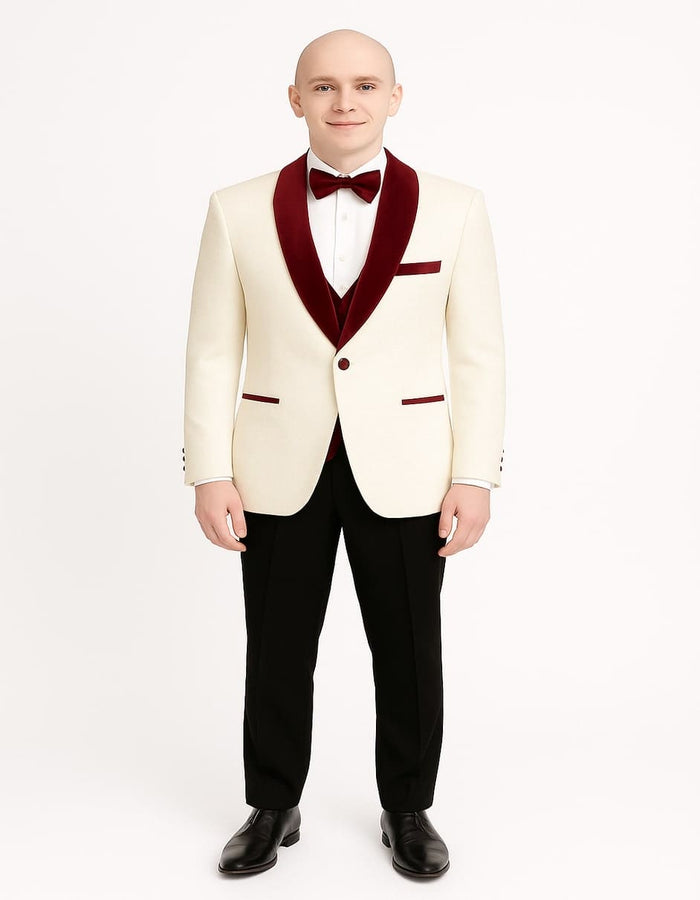 Mens White Floral Tuxedo Jacket with Burgundy Velvet Shawl Lapel - Wedding, Prom, and Formal Event Suit