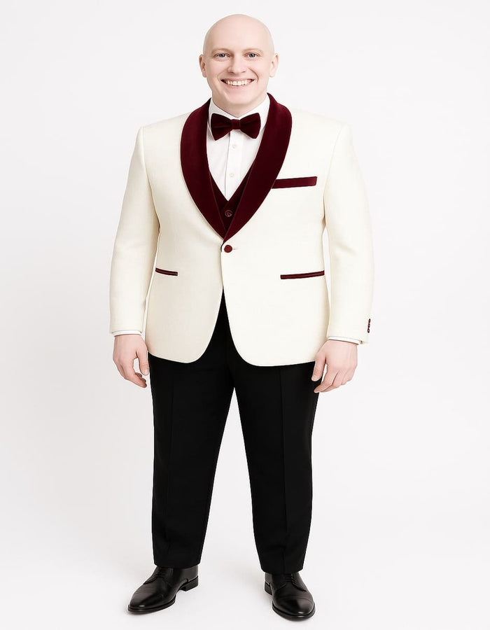 Mens White Floral Tuxedo Jacket with Burgundy Velvet Shawl Lapel - Wedding, Prom, and Formal Event Suit