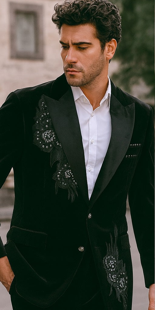Men's 2 Button Black Velvet Suit Jacket, with floral pattern, Satin Peak Lapel, and Black Dress Pants