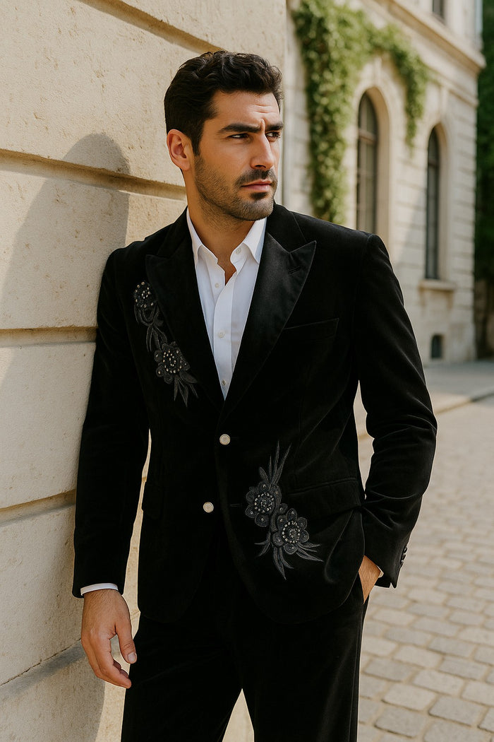 Men's 2 Button Black Velvet Suit Jacket, with floral pattern, Satin Peak Lapel, and Black Dress Pants