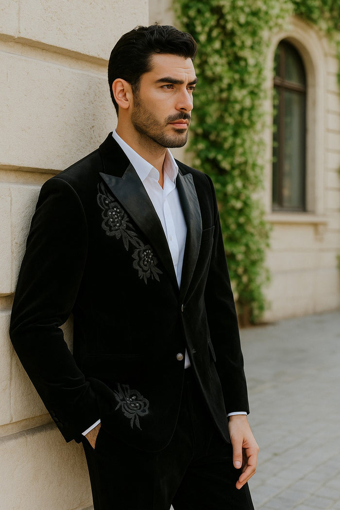 Men's 2 Button Black Velvet Suit Jacket, with floral pattern, Satin Peak Lapel, and Black Dress Pants
