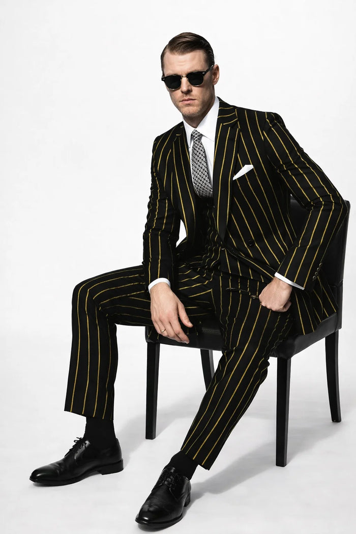 Men's Black And Gold Pinstripe Suit.