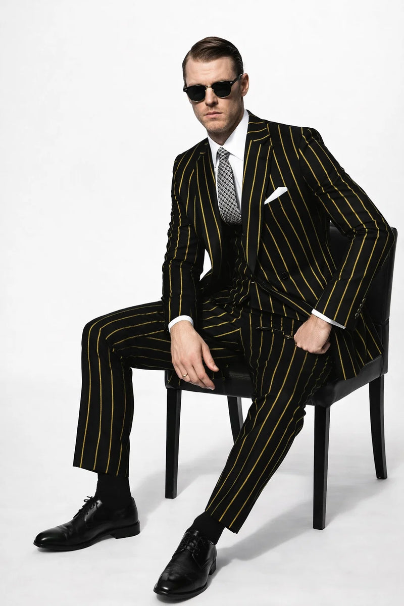 Men's Black And Gold Pinstripe Suit.